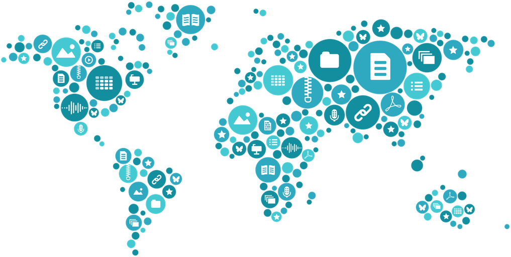 World map made of content-type icons
